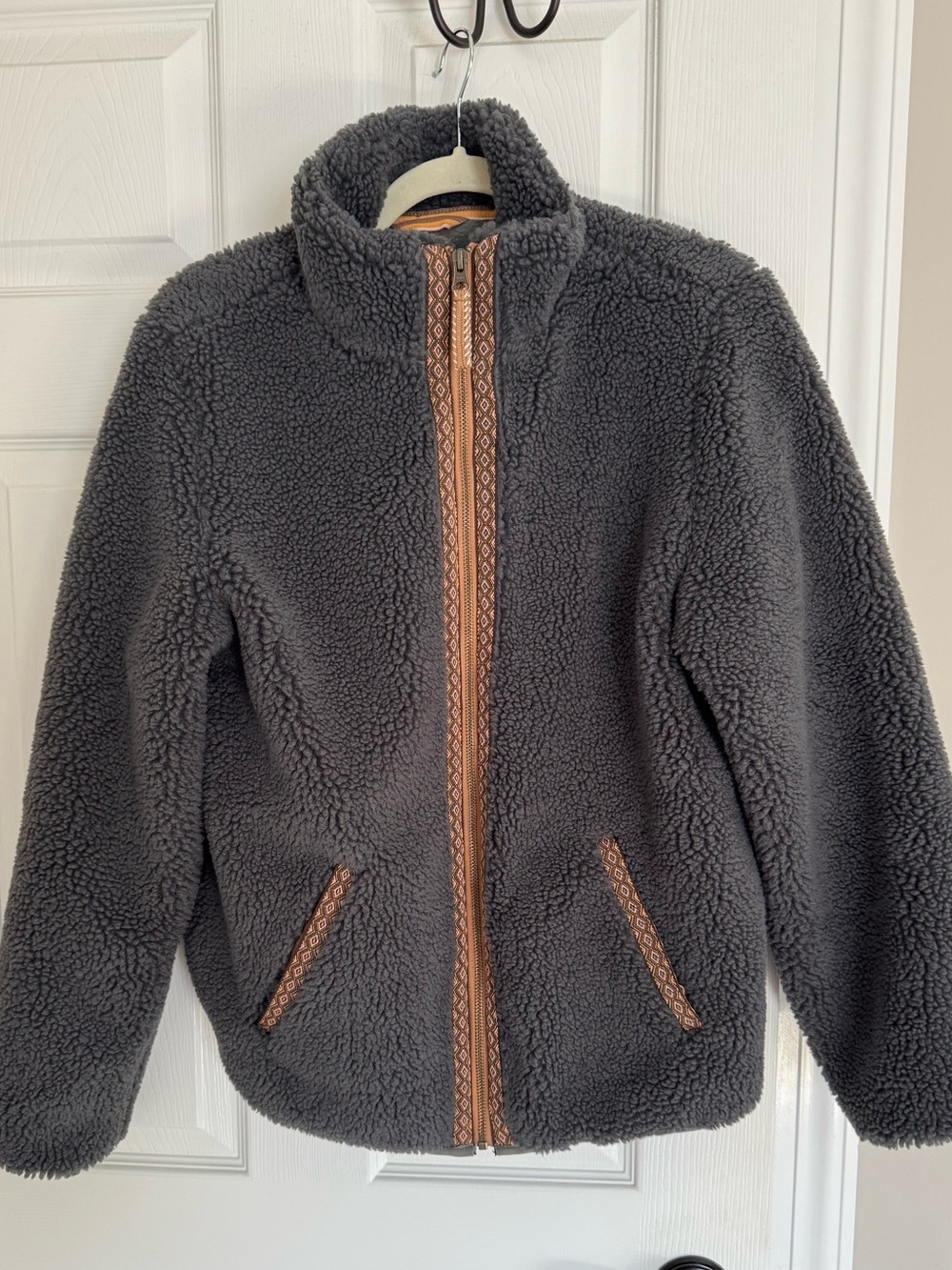 Faherty Charcoal Sherpa Jacket with Tan Trim